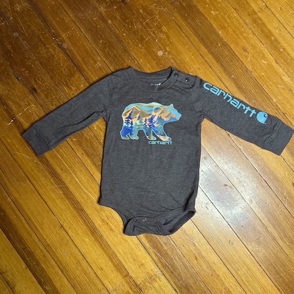 Carhartt Brown Long Sleeve Onesie with Bear Graphic